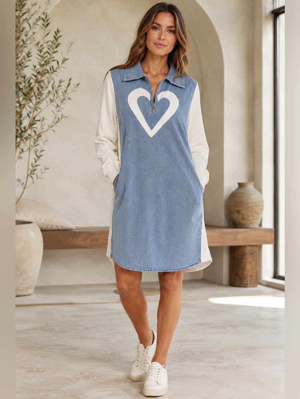 Casual Heart-Front Denim Shift Dress in Light Blue and Cream